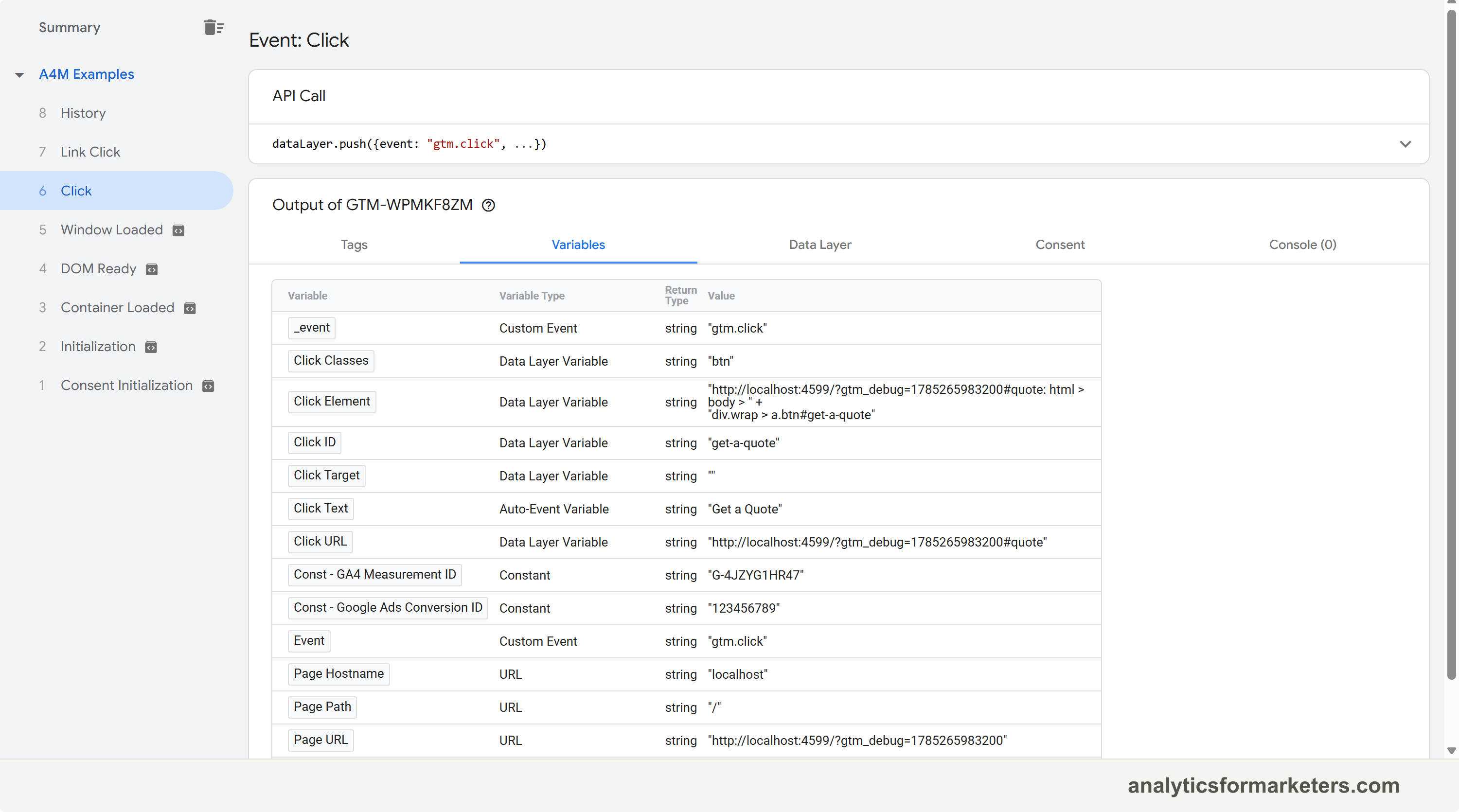 The Variables tab for a click event showing Click Text, Click URL and Click Classes with their live values