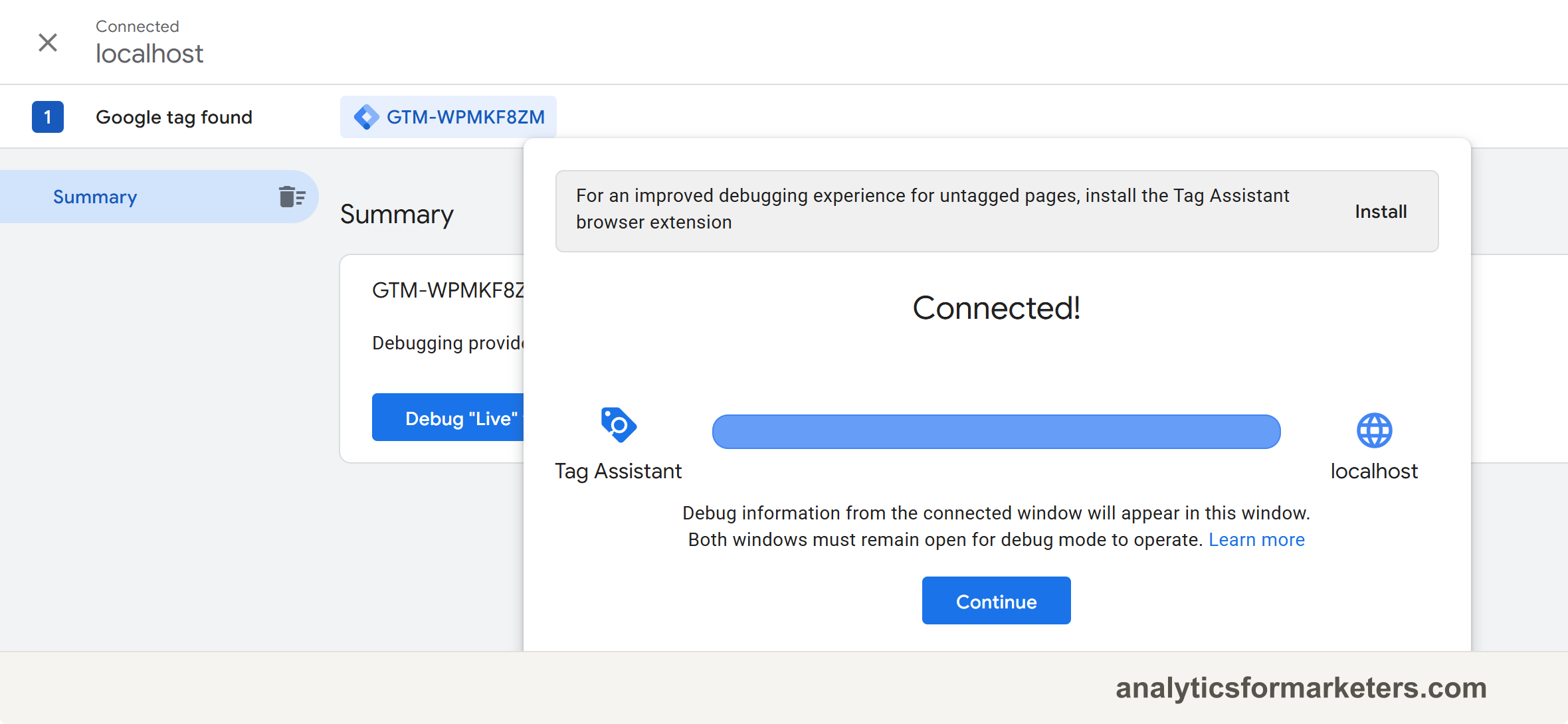 Tag Assistant showing the Connected confirmation after entering the site URL