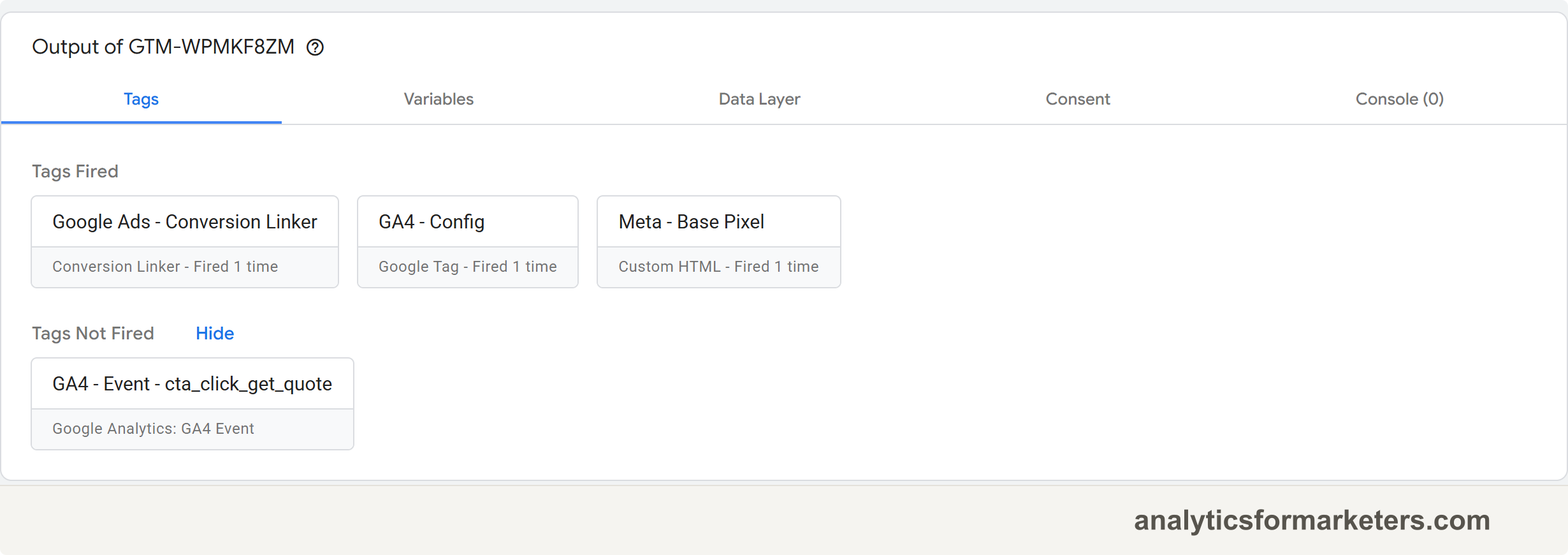 Tag Assistant summary showing the Google tag under Tags Fired for a page load event
